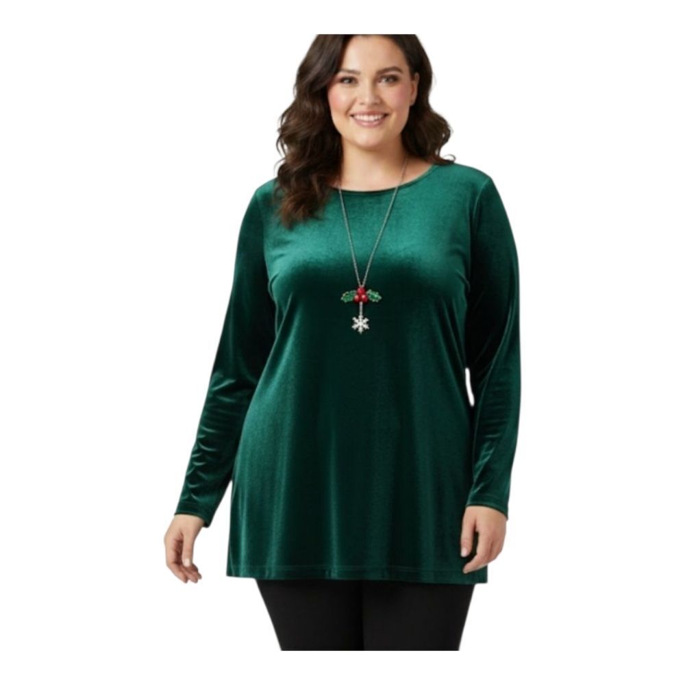 Bechamel Velvet Tunic Top XL Hunter Green Long Sleeves Stretch Holiday Pullover